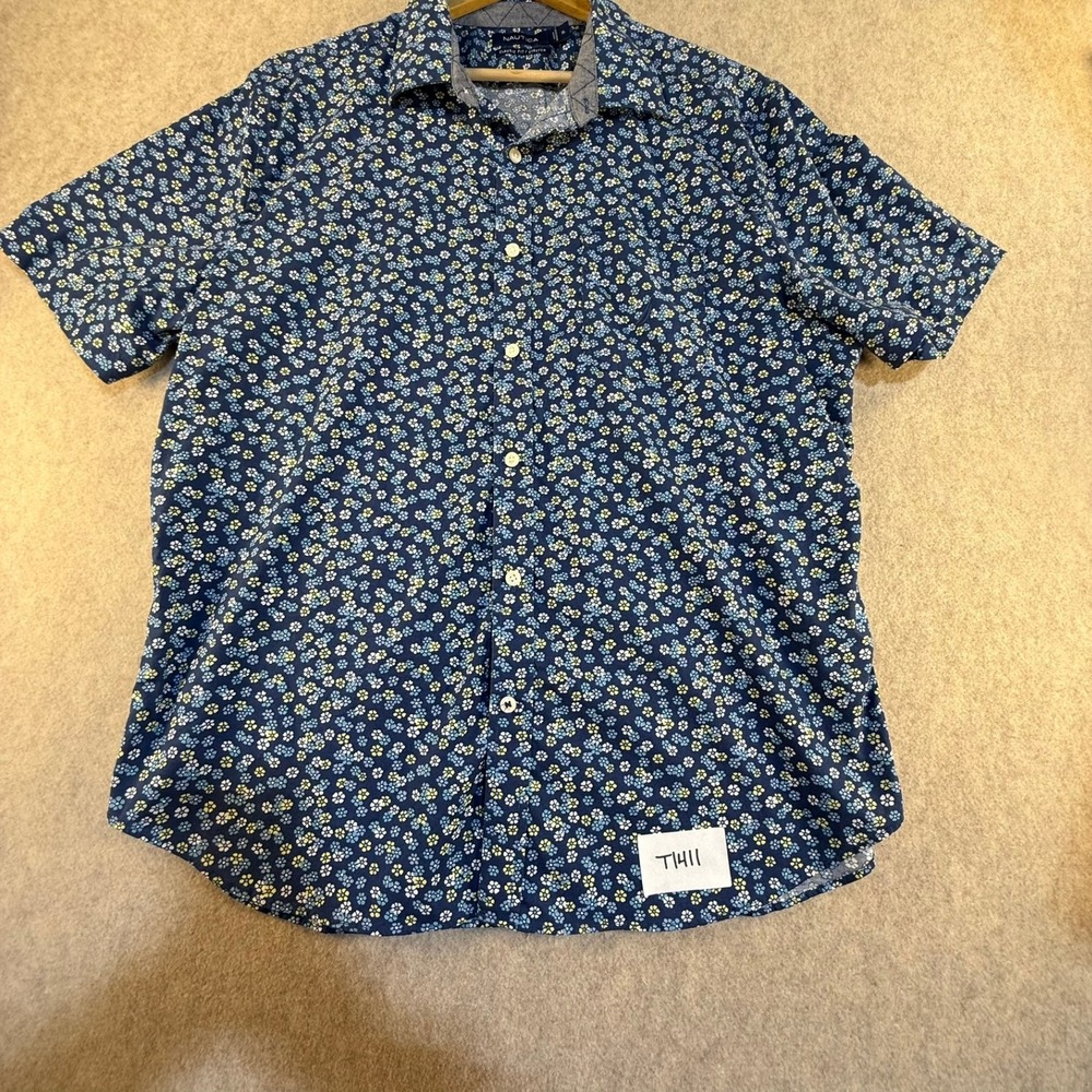 Nautica Mens XL Classic Fit Stretch Floral Button Down Shirt Navy Blue Short Slv